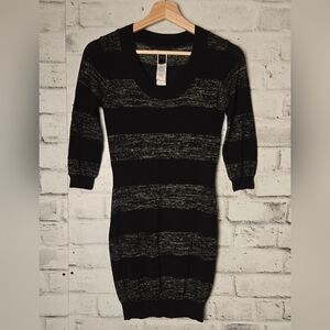 Mango Black Metallic Stripe Sweater Dress Women’s M Knit 3/4 Sleeve